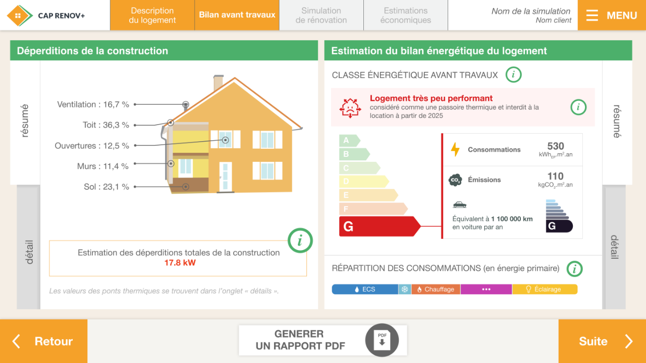 visualisation de l'état énergétique d'un logement saisi dans le logiciel caprenov