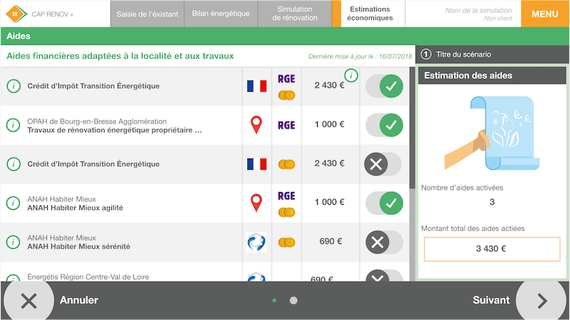 screen CAP RENOV+ écran présentaion des aides financières a la rénovation