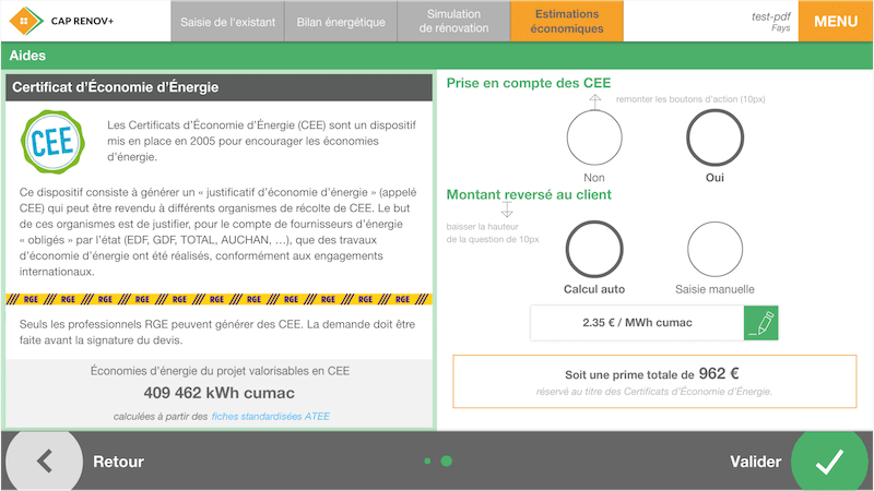 screen CAP RENOV+ écran présentaion et calcul des CEE (certificats d'économie d'énergie)