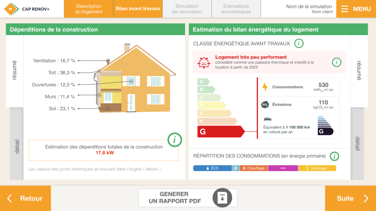 screen outil cap-renov ecran de simulation des performances du logement
