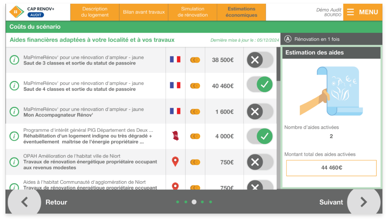 Ecran cap-renov des aides financières à la rénovation