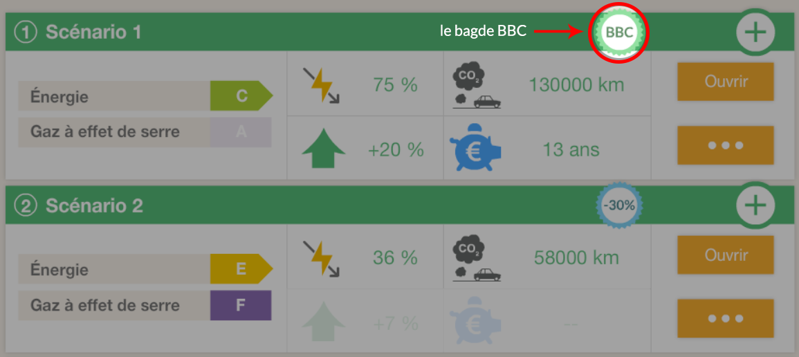 Le badge BBC s'affiche lorsqu'un scénario de travaux atteint le "niveau BBC"