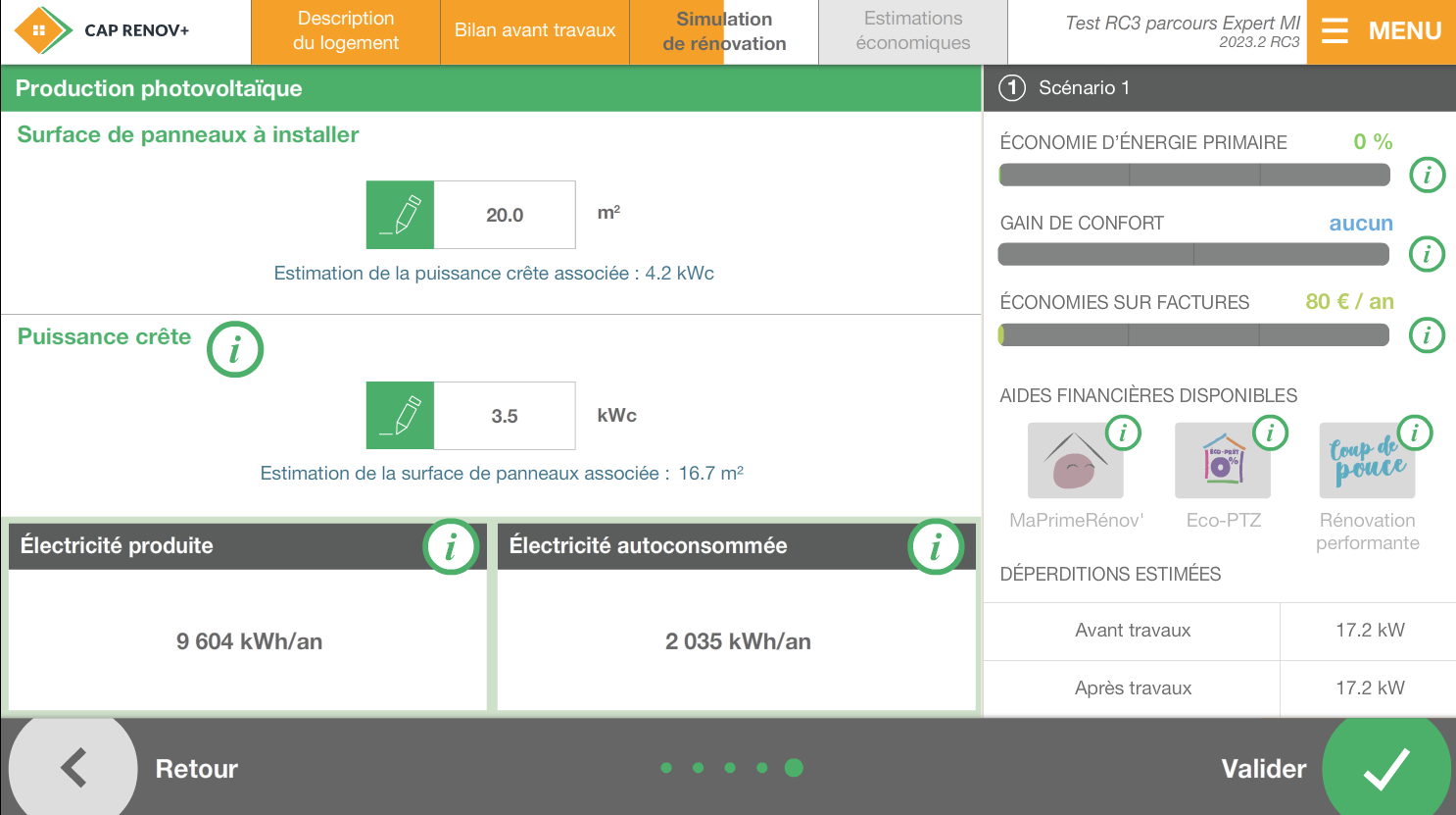 screen écran saisie dimensionnement dans CAP RENOV+